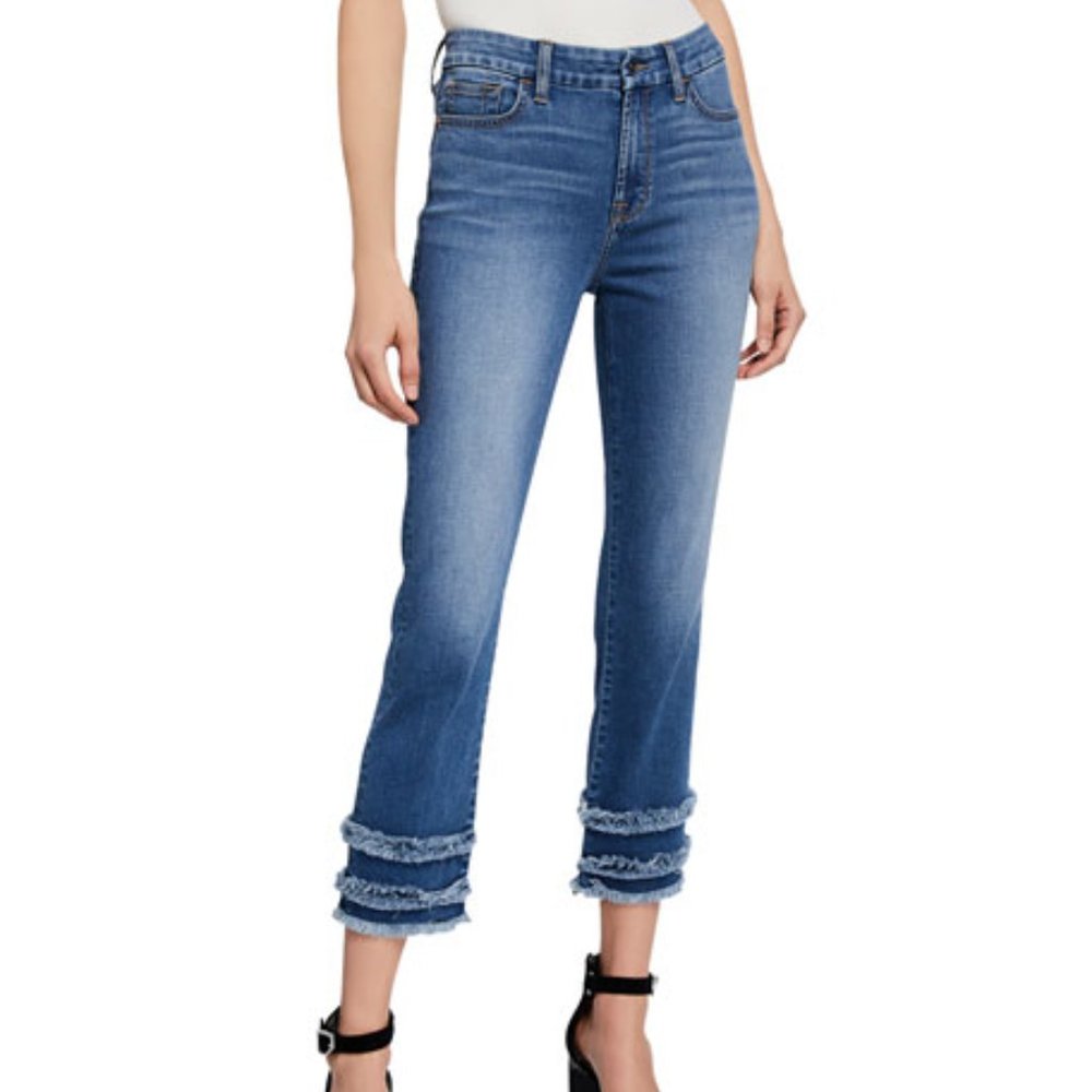 Jen7 Cropped Straight-Leg Jeans with Fringe